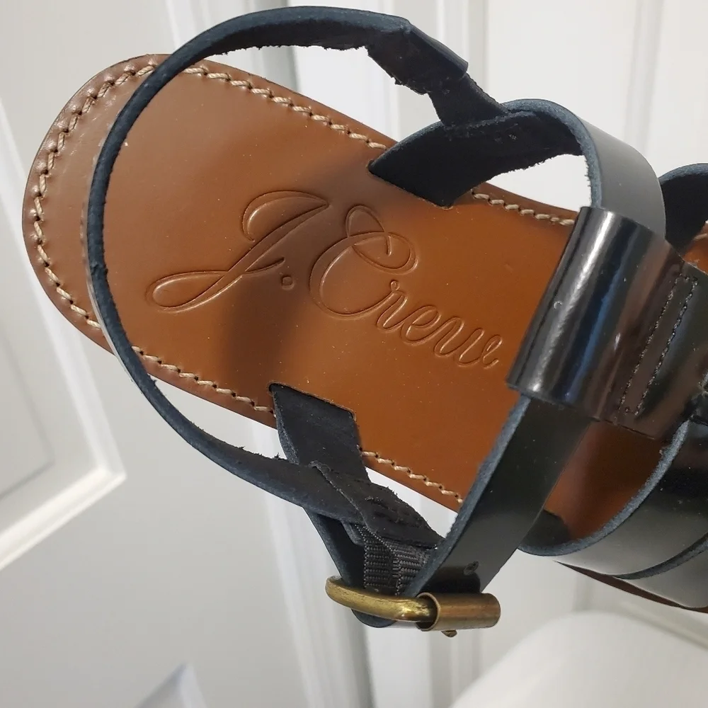 NWOB J. Crew Fisherman Spazzolato Shiny Black Leather Sandals Size 5